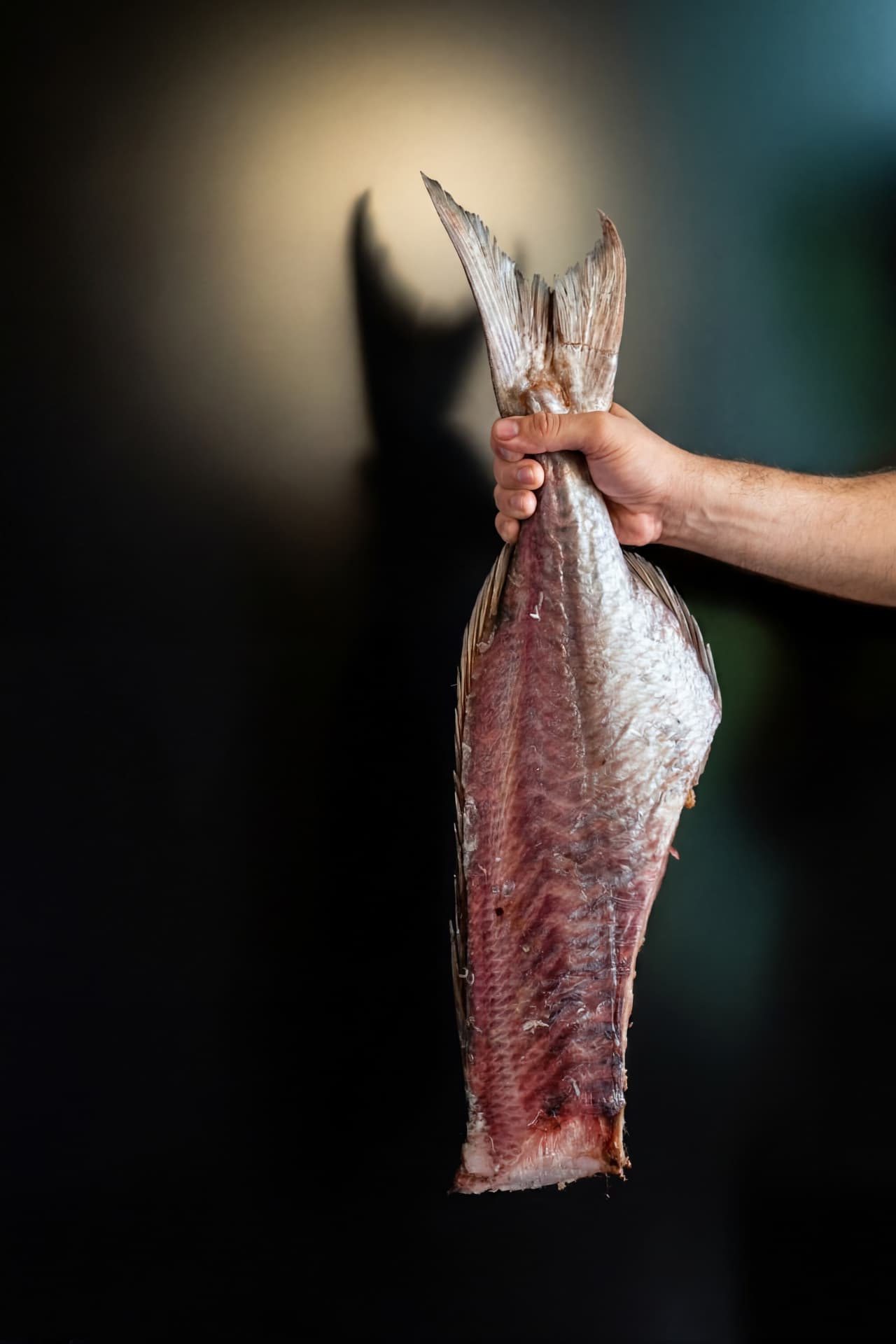 Frollatura di pesce — una mano regge un pesce frollato su fondo nero